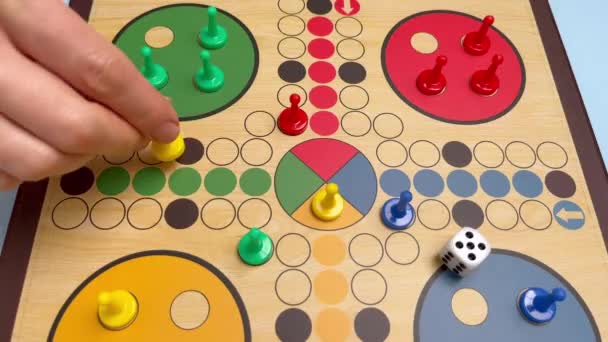 People Play Ludo Pachisi Board Game Beautiful Wooden Play Board — Video Stock