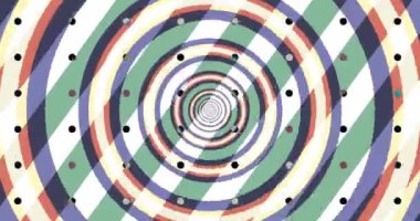 Çemberlerin, noktaların ve çizgilerin optik yanılsamalarında uçmak soyut bir tünel oluşturur. Yeşil, turuncu ve mavi tayf. Modern renkli 4k dikişsiz döngü animasyonu.