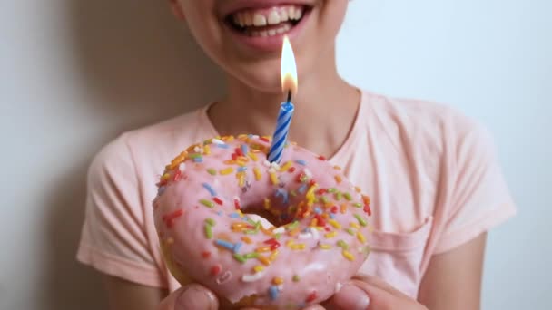 Happy Smiling Teen Girl Blowing Out Candle Pink Donut Happy — Stock Video