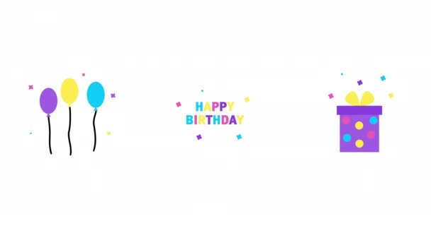 カラフルなアニメーションの誕生日のアイコンのセット ギフト 幸せな誕生日のアニメーションの文字のアニメーションアイコンは 白い背景に隔離されています アニメーションアイコンを祝う — ストック動画