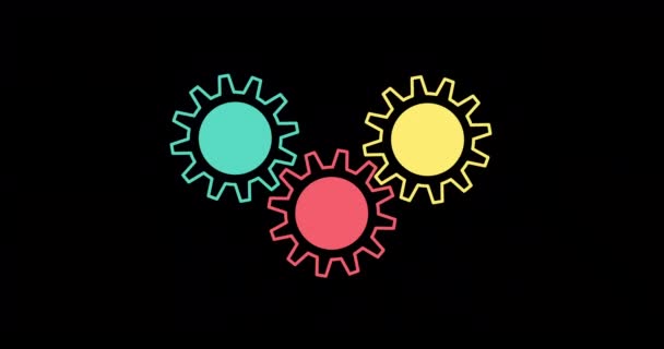 Three Blue Red Yellow Gears Rotating Black Background Resolution Animation — Stock Video