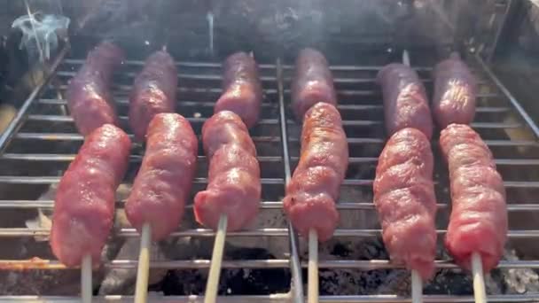 Small Sausages Baked Portable Grill Close View Sausages Grill Consept — Stock Video