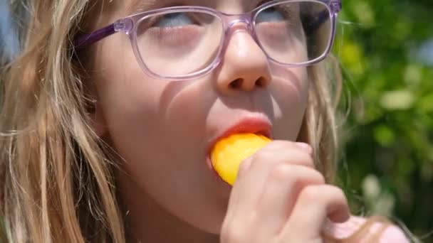 一个吃冰淇淋的小女孩的特写镜头 孩子们喜欢彩色冰冻果汁或冰棒 夏季生活方式视频 — 图库视频影像