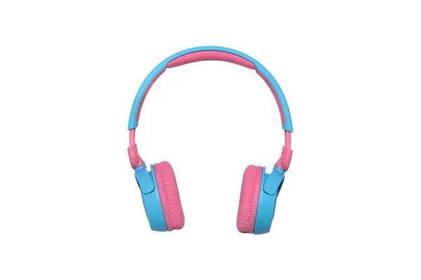 粉色和蓝色的无线耳机在白色背景下隔离 时髦的现代青年无线耳机 — 图库照片