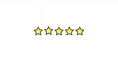 Beş Yıldızlı Derecelendirme animasyonu. Yıldız kümesi. Beyaz Arkaplanda Beş Yıldız Derecelendirme. Ürün Kalitesi, Geribildirim, Müşteri Denetimi.