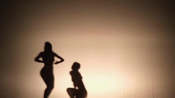 白墙后面有两个跳舞的影子 艺术性的抽象表演 一个跳舞的影子表演 一个怀孕的舞者在白墙的后面跳舞 — 图库视频影像