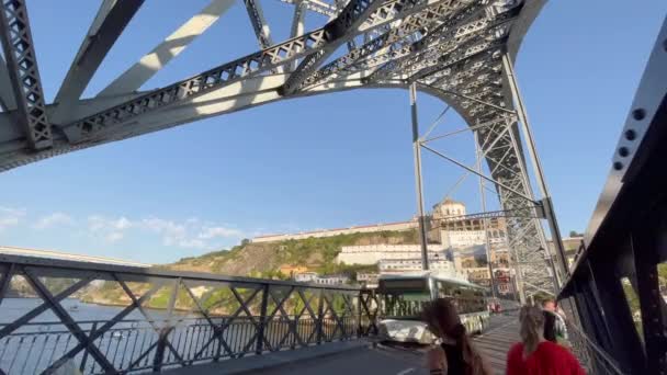 Porto Portugal 2023 People Walking Dom Luis Bridge Newly Reconstructed — Stock Video