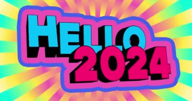 Merhaba 2024 3D kinetik tipografi animasyonu. Yıl sonu tatili için uygun yeni yıl metin animasyonunuz kutlu olsun. 4K çözünürlük döngüsü videosu kırmızı arkaplanda izole edildi