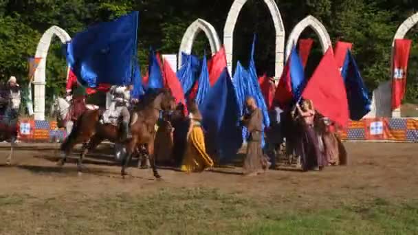 Санта Марія Фейра Португалія 2023 Художники Танцюють Конями Середньовічному Фестивалі — стокове відео