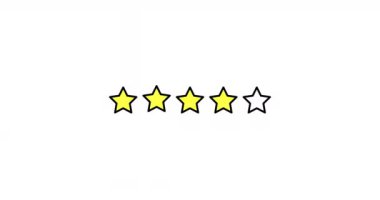 Beş Yıldızlı Derecelendirme animasyonu. Yıldız kümesi. Beyaz Arkaplanda Dört Yıldız Sınıflandırma. Ürün Kalitesi, Geribildirim, Müşteri Denetimi.