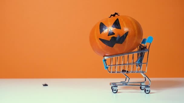 Funny Scary Halloween Pumpkin Supermarket Trolley Falling Black Spiders Isolated — 图库视频影像