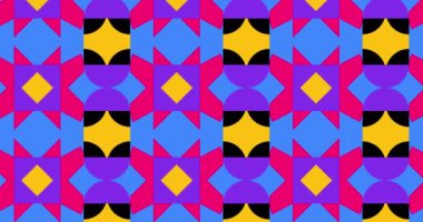 Psikedelik soyut döngü arka planı. Modern Animasyon Geometrik desen veya arkaplan. 4K çözünürlüklü geometrik hareket tasarımı. Çemberler, üçgenler ve karelerle soyut hareket etme şekilleri