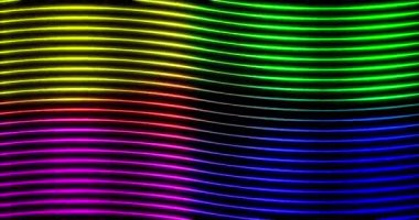 Dalgalı parlak neon, soyut gradyan çizgileri teknoloji fütüristik hareket arkaplanı. Kusursuz döngülü geometrik desen. Siyah arkaplanda 4K çözünürlüklü dalga video canlandırması
