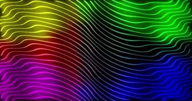 Dalgalı parlak neon, soyut gradyan çizgileri teknoloji fütüristik hareket arkaplanı. Kusursuz döngülü geometrik desen. Siyah arkaplanda 4K çözünürlüklü dalga video canlandırması