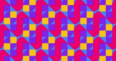 Psikedelik soyut döngü arka planı. Modern Animasyon Geometrik desen veya arkaplan. 4K çözünürlüklü geometrik hareket tasarımı. Çemberler, üçgenler ve karelerle soyut hareket etme şekilleri