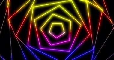 Parlak neon soyut gradyan çizgileri teknolojik fütüristik hareket arkaplanı. Kusursuz döngülü geometrik desen. Siyah arkaplanda 4K çözünürlüklü video canlandırması.