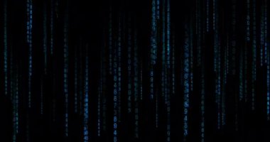Siyah arka planda semboller yağmuru. Kod etkisi animasyonu yağıyor. Şifreleme için parlayan parmaklı arkaplan ve siber uzay teknolojisindeki yazılım verileri için dijital virüs kodları güvenli
