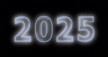 Parlak neon ışıklı parmaklar 2025 yeni yıl tasarımı ve neon parıltısı. Soyut kozmik canlı renk arkaplanı. Parlayan neon ışıkları. Mutlu yıllar 2025. Gelecekçi stil döngüsü Yeni Yıl Canlandırması