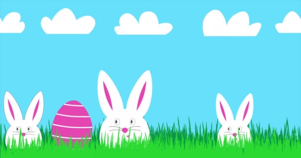 Happy Easter Animowany Baner Trzema Zabawnymi Białymi Królikami Kolorowe Pisanki — Wideo stockowe