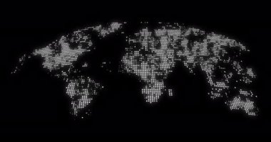 Karanlık arka planda dijital dünya haritası var. Dünya haritası kusursuz döngü animasyonu. Dijital büyük veri ya da bulut hesaplama kavramı. Küresel sosyal ağ veya internet ve teknoloji.