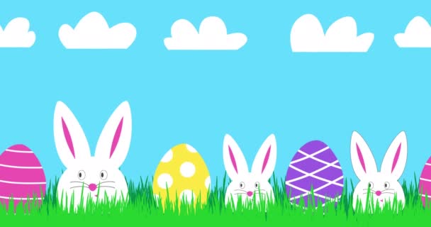 ハッピーイースターアニメーションバナー 3つの面白い白ウサギとカラフルなイースターエッグ イースターは緑の草でかわいいバニー 明るい色でお祝いイースタービデオ — ストック動画