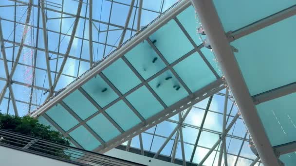 Schöner Futuristischer Moderner Glasbau Und Menschen Die Auf Einer Gläsernen — Stockvideo