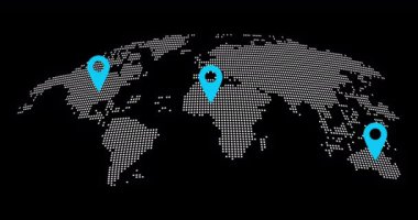 Noktalı soyut dünya haritası animasyonu. Dünya haritası navigasyon ve seyahat konseptine iğneler. GPS konum hizmetleri, Global Business Network. Modern Teknoloji yüksek teknoloji fütüristik stil animasyonu.