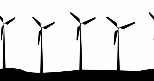 Grupo Geradores Vento Animados Sobre Fundo Branco Turbinas Eólicas Silhuetas — Vídeo de Stock