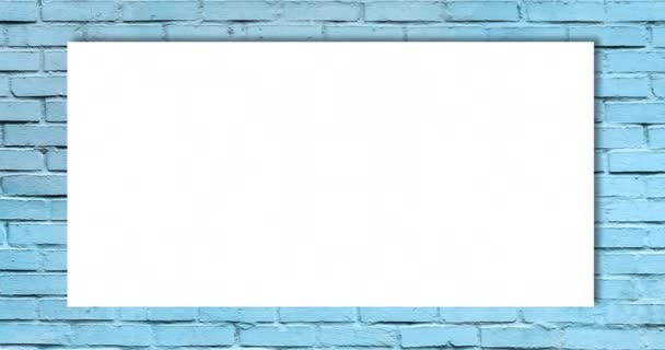 Açık Mavi Tuğla Duvar Arka Planında Beyaz Kağıt Tabakasının Görüntüsü — Stok video