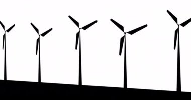 Beyaz arka planda bir grup Canlandırılmış rüzgar jeneratörü. Silüet rüzgar türbinleri. Alternatif yenilenebilir elektrik üretimi. Yel değirmeni sembolünün hareket tasarımı. Infographic için eko kavramı