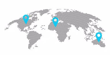 Noktalı soyut dünya haritası animasyonu. Dünya haritası navigasyon ve seyahat konseptine iğneler. GPS konum hizmetleri, Global Business Network. Modern Teknoloji yüksek teknoloji fütüristik stil animasyonu.