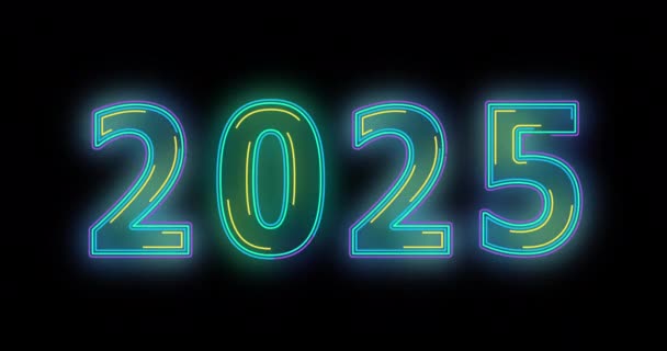 Яркая Неоновая Подсветка Украшает Новогодний Дизайн 2025 Года Неоновым Светом — стоковое видео