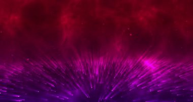 Renkli sis, ışıldayan noktalar, ışıldayan parçacıklar ve ışık ışınlarıyla gelecekteki sihirli soyut gezegen yüzeyi. Parçacıklar ve ışık ışınları için soyut parlayan arkaplan