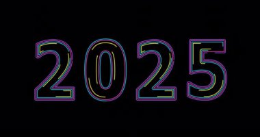 2025 yeni yıl tasarımını parıltılı bir şekilde aydınlat. Soyut kozmik canlı renk arkaplanı. Parlayan neon ışıkları. Mutlu yıllar 2025. Gelecekçi stil döngüsü Yeni Yıl Canlandırması