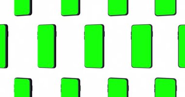 Akıllı telefon veya cep telefonunun 3 boyutlu animasyonu. Sosyal medya reklamları, izleyiciler ve afişler için yeşil ekranlı modern akıllı telefon modelinin animasyon modeli. Mobil modeller beyaz arkaplanda hareket ediyor.