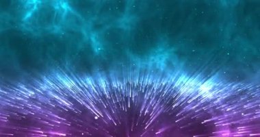 Renkli sis, ışıldayan noktalar, ışıldayan parçacıklar ve ışık ışınlarıyla gelecekteki sihirli soyut gezegen yüzeyi. Parlayan soyut, parçacıklar ve ışık ışınları için arka plan. 4K çözünürlüğü