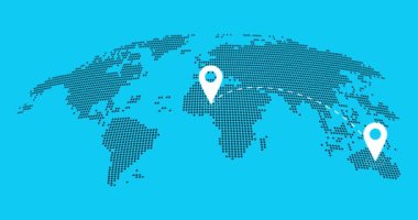 Noktalı soyut dünya haritası animasyonu. Dünya haritası navigasyon ve seyahat konseptine iğneler. GPS konum hizmetleri, Global Business Network. Modern Teknoloji yüksek teknoloji fütüristik stil animasyonu.