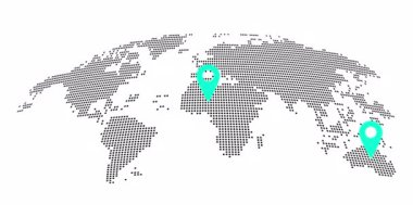 Noktalı soyut dünya haritası animasyonu. Dünya haritası navigasyon ve seyahat konseptine iğneler. GPS konum hizmetleri, Global Business Network. Modern Teknoloji yüksek teknoloji fütüristik stil animasyonu.