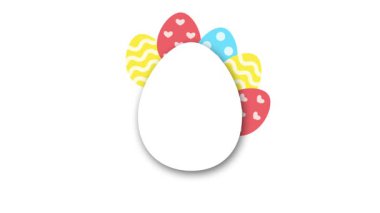 Renkli pembe, mavi ve sarı paskalya yumurtaları ve beyaz arka planda fotokopi alanı olan parlak animasyon. Mutlu Paskalyalar.