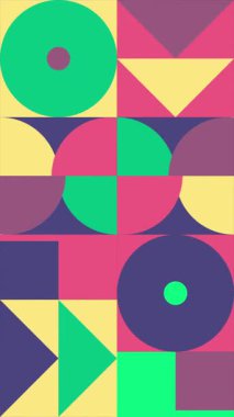 Dikey Animasyon Geometrik Döngü Modeli. Parlak pembe, sarı ve koyu mor renkli 4K çözünürlüklü geometrik hareket tasarımı. Soyut hareket eden geometrik şekiller döngü arkaplanı.