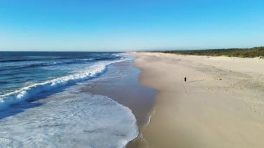 Atlantik Okyanusu 'nun güzel ve boş plajında insansız hava aracı manzarası yüksektir. Atlantik Okyanusu, büyük güzel dalgalar, terk edilmiş kum tepeleri ve sahil ormanı..