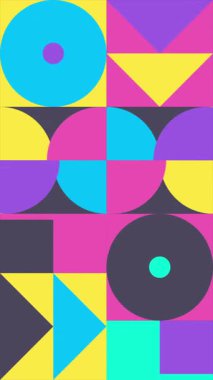 Dikey Animasyon Geometrik Döngü Modeli. Parlak pembe, sarı ve mavi renklerde 4K çözünürlüklü geometrik hareket tasarımı. Soyut hareket eden geometrik şekiller döngü arkaplanı.