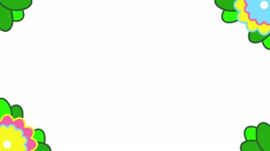 Beyaz arkaplanın her köşesinde parlak, hareketli çiçek desenleri açar. Yeşil yapraklar ve renkli yapraklar bahar veya yaz görselleri için neşeli, simetrik bir çerçeve oluşturur