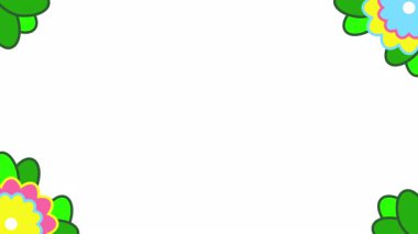 Beyaz arkaplanın her köşesinde parlak, hareketli çiçek desenleri açar. Yeşil yapraklar ve renkli yapraklar bahar veya yaz görselleri için neşeli, simetrik bir çerçeve oluşturur. Alfa kanalı.