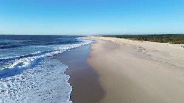 Atlantik Okyanusu 'nun güzel ve boş plajında insansız hava aracı manzarası yüksektir. Atlantik Okyanusu, büyük güzel dalgalar, terk edilmiş kum tepeleri ve sahil ormanı..