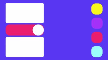 Renkli anahtarlar ve kart bileşenleriyle Minimalist UI animasyon kaydırağı. Parlak renkler ve yumuşak şekiller sunum veya afiş için dinamik, modern bir kullanıcı arayüzü kavramı yaratır.