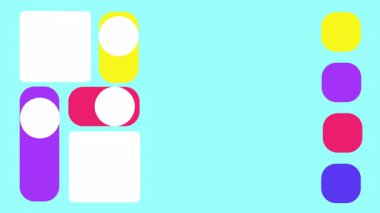 Sarı ve mor renkli animasyon anahtarlı parlak UI tasarım konsepti. Geometrik blokları ve renk kodlu arayüz elemanlarını birleştiren soyut düzen, uygulama sunumu için mükemmel.