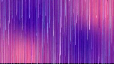 Mor, pembe ve mavi tonlarda renkli dikey çizgiler pürüzsüz bir döngüde aşağı doğru akar. Dijital sanat, hareket grafikleri veya tasarım için soyut geleceksel animasyon.