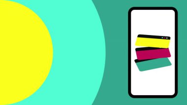 Renkli web pencereleri olan stilize akıllı telefon animasyonu. Sarı, morumsu ve mavimsi renkler dinamik görsel çekiciliğe sahip turkuaz bir zemin oluştururlar