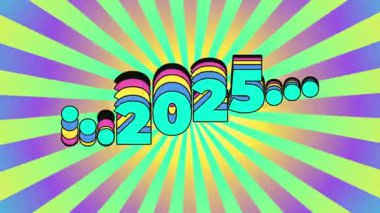 2025 yılında, dalgalı bir eğri üzerinde hareket ederken 2026 'ya cesur renkli geçişler. Dönen psikedelik arka plan canlı animasyona enerji ve eğlence ekler.